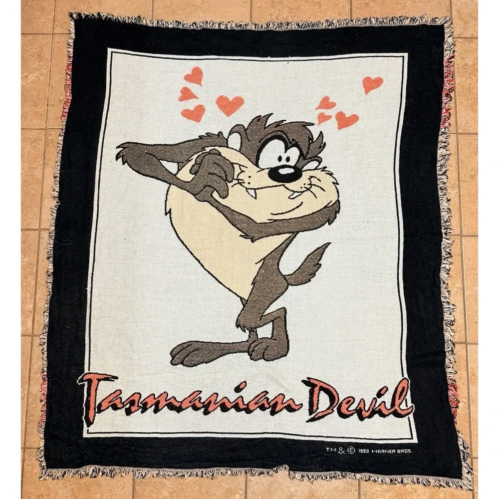 Vintage 1993 Taz Tasmanian Devil Throw Blanket Afghan 59x50 Warner Bros USA